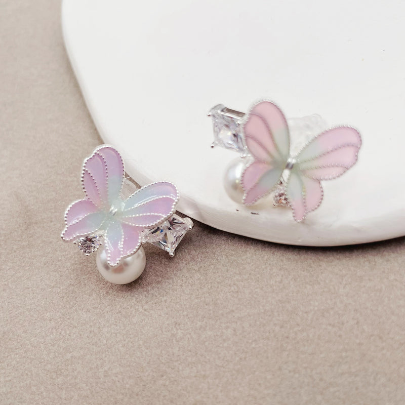 Pink Butterfly with Pearl and Rhinestone Earrings