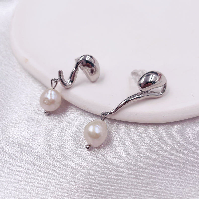 Asymmetrical Silver Metal with Pearl Long Earrings