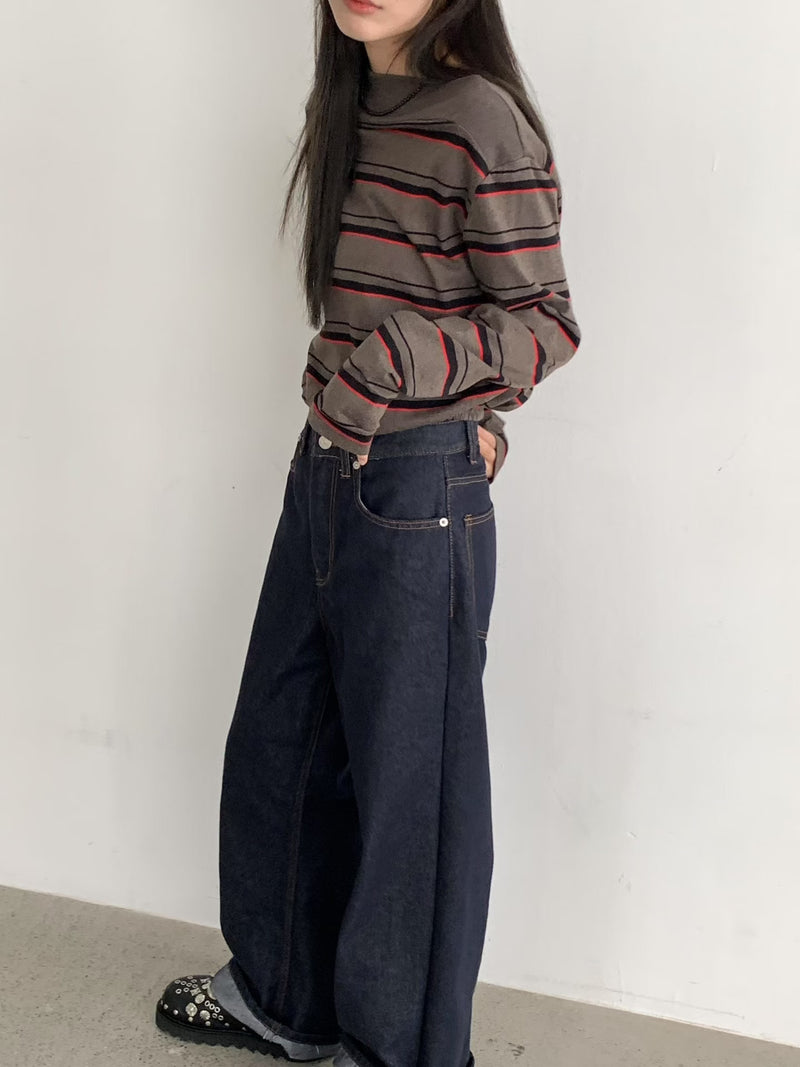 Drop Shoulder Brown and Red Stripe Sweatshirt
