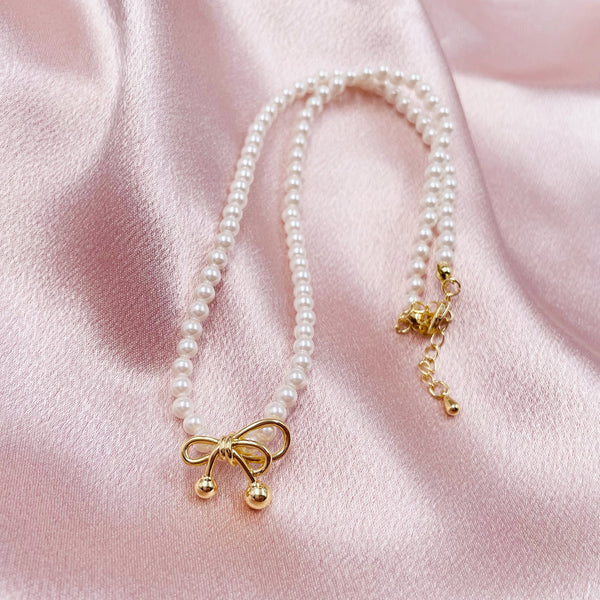 Pearl Chain and Metal Bow Necklace