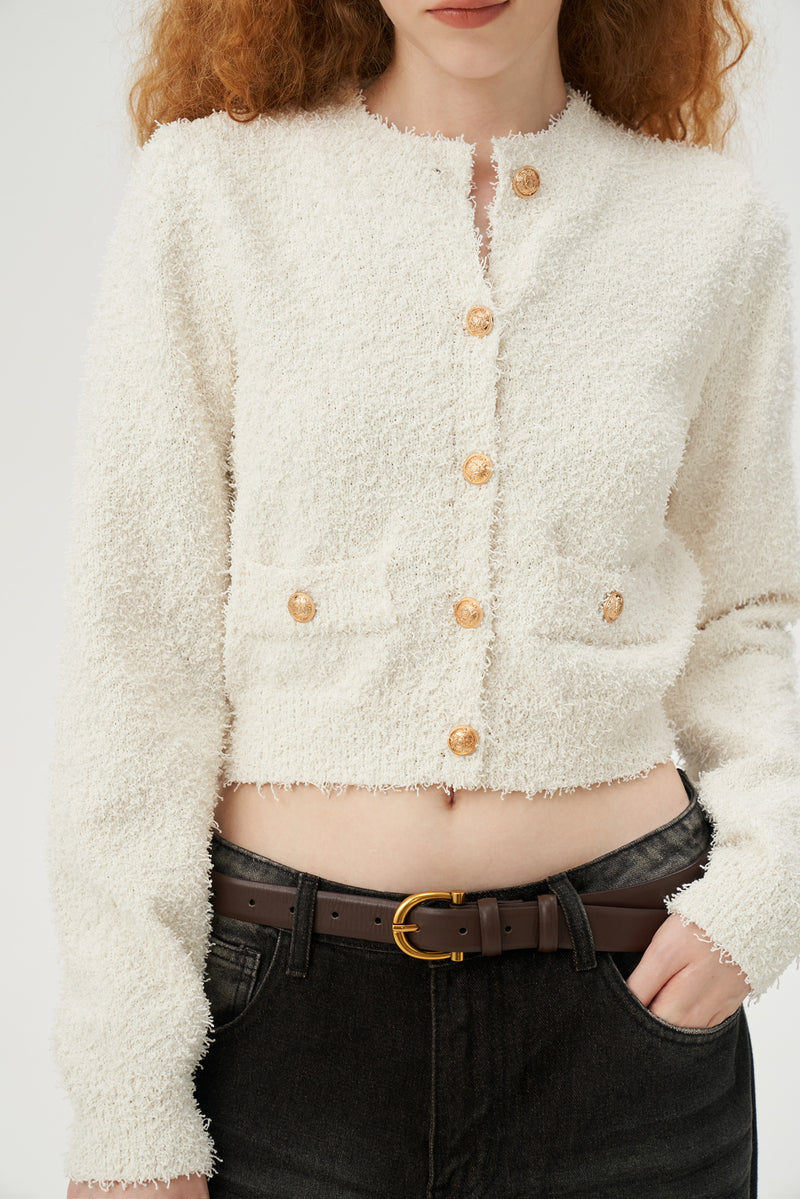 Fuzzy Cardigan with Gold Buttons