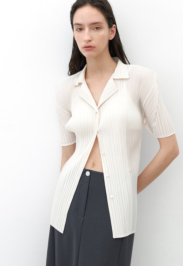 Pleats Half Sleeved Open Collar Blouse Ivory