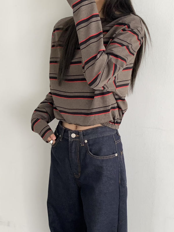 Drop Shoulder Brown and Red Stripe Sweatshirt