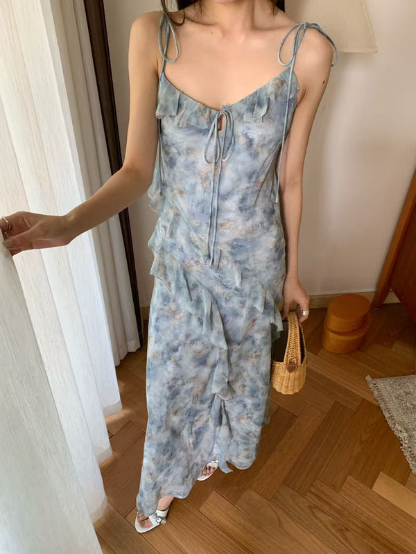 Mixed Color Ruffle Edges Cami Maxi Dress