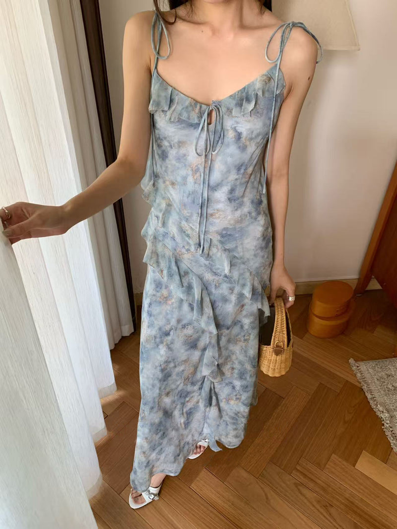 Mixed Color Ruffle Edges Cami Maxi Dress
