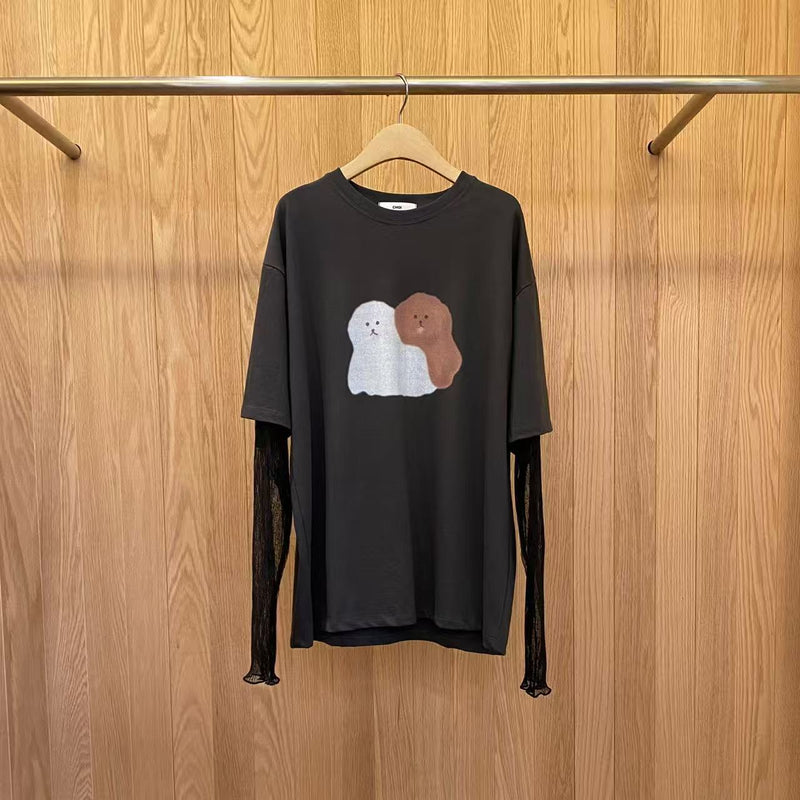 Dogs Print Oversized T-shirt with Lace Sleeves