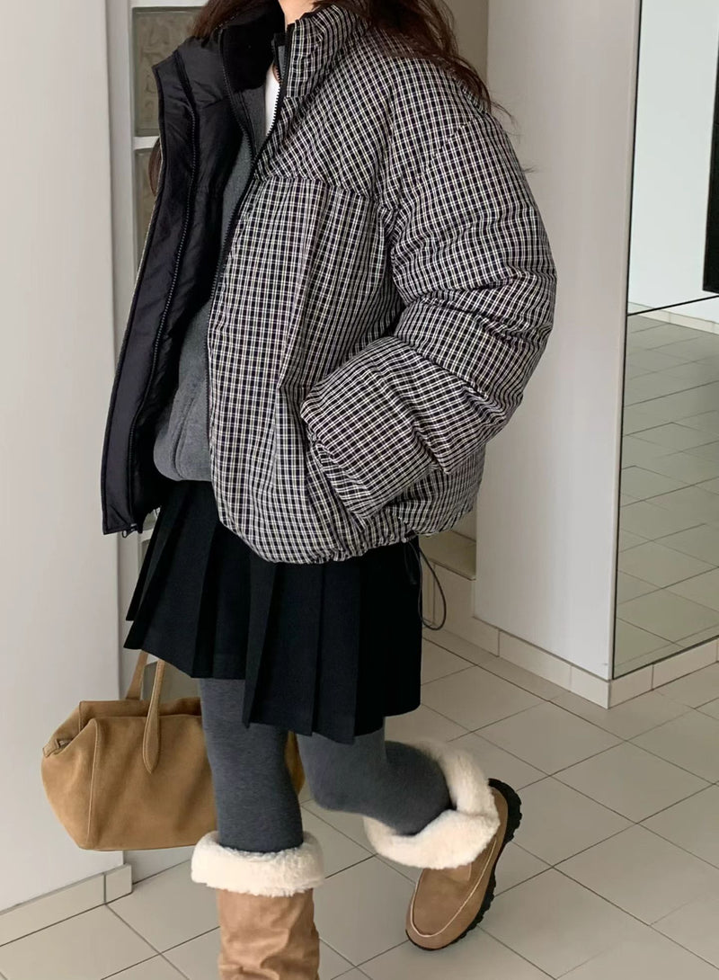 Reversible Checker Down Jacket with Drawstring