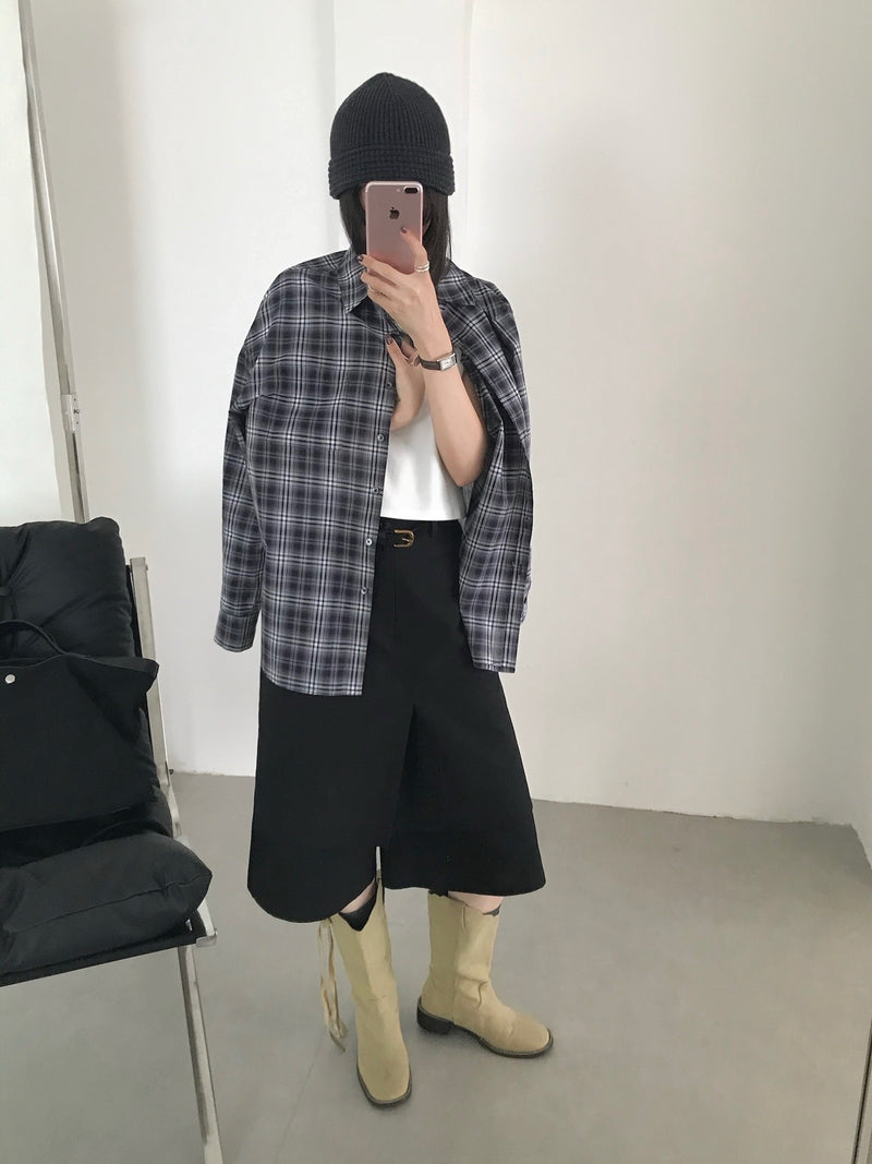 Navy Blue Checker Oversized Shirt