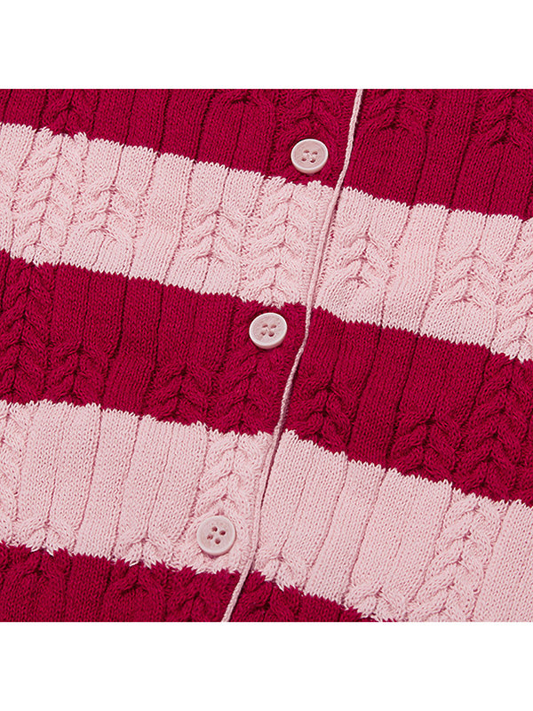 Small Cherry Cable Crop Knit Cardigan Stripe Pink