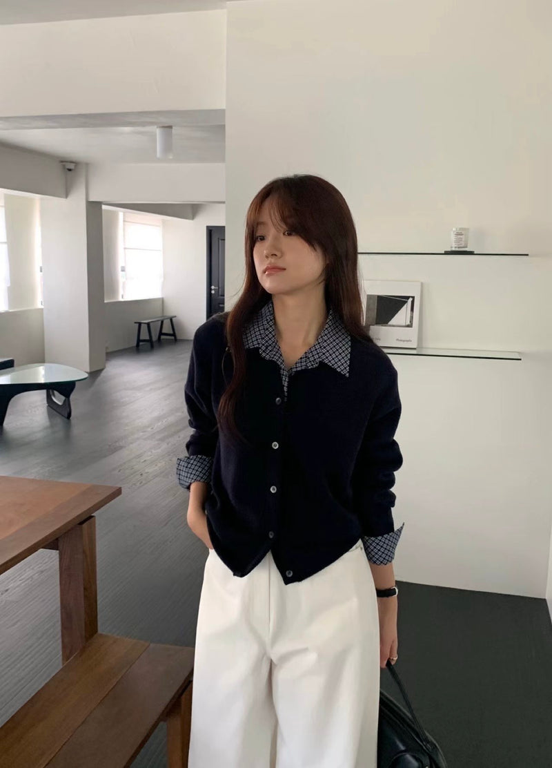 Checker Shirt Collar and Cuffs Cardigan