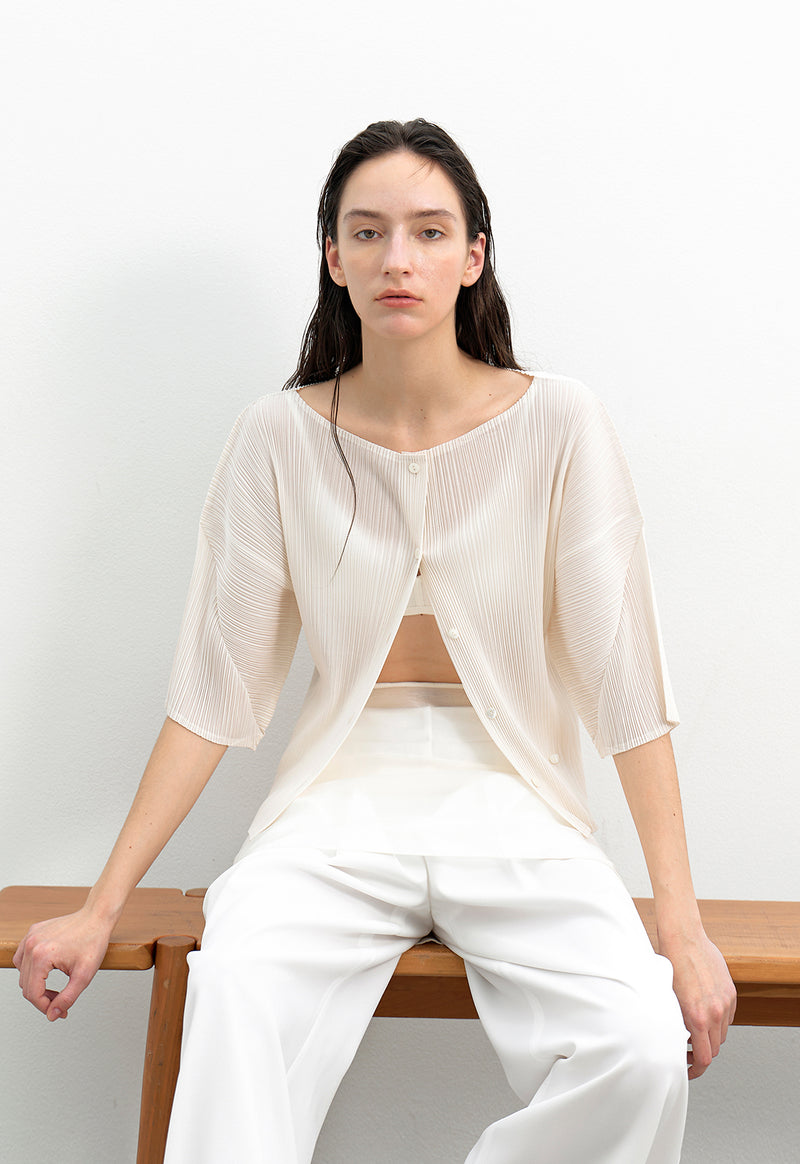 Pleats Boat Neck Half Cardigan