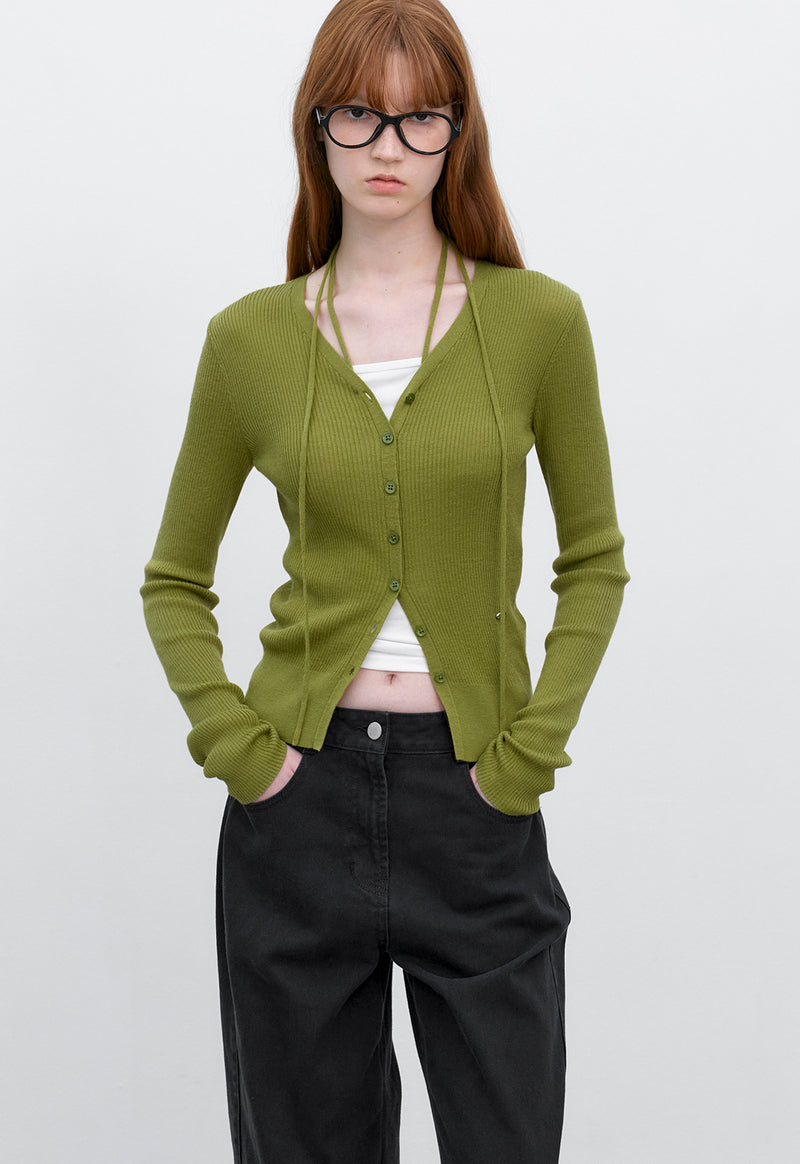 Multi Used String V-neck Slim Cardigan Olive | Atelier Nain | Couturist