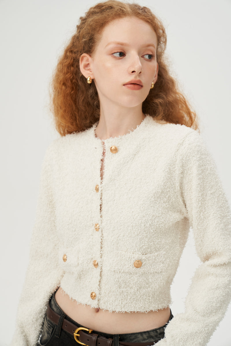 Fuzzy Cardigan with Gold Buttons