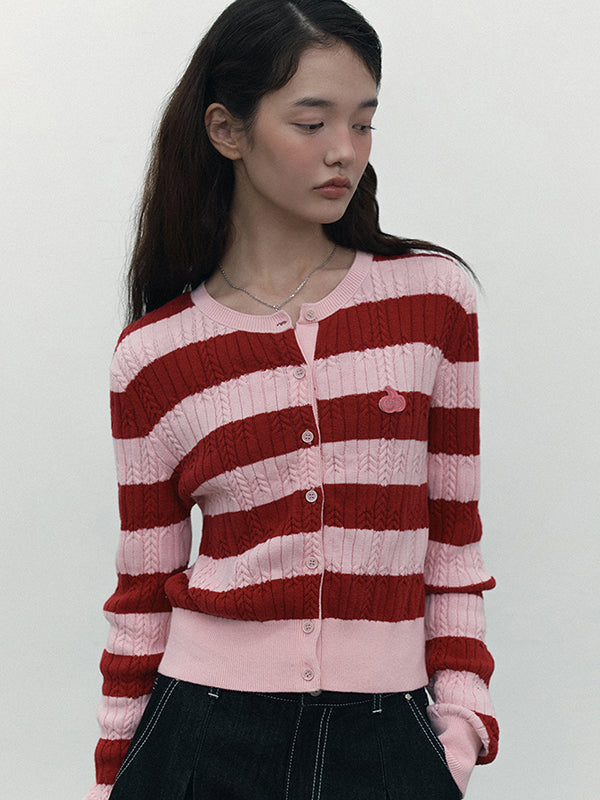 Small Cherry Cable Crop Knit Cardigan Stripe Pink