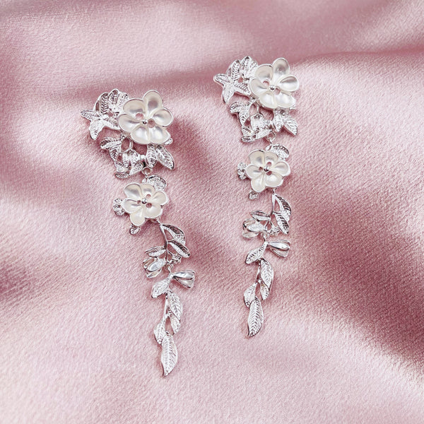 Silver Flower and Leaves Long Earrings
