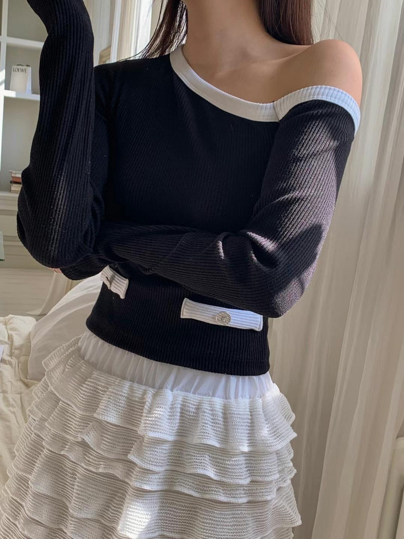 Slanted Shoulder Ribbed Fitted Top