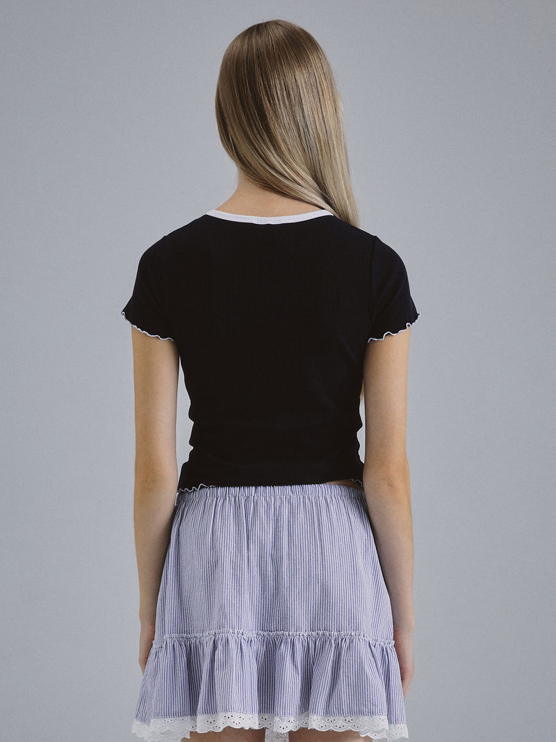 Steve Ribbed Frill T-shirt Navy