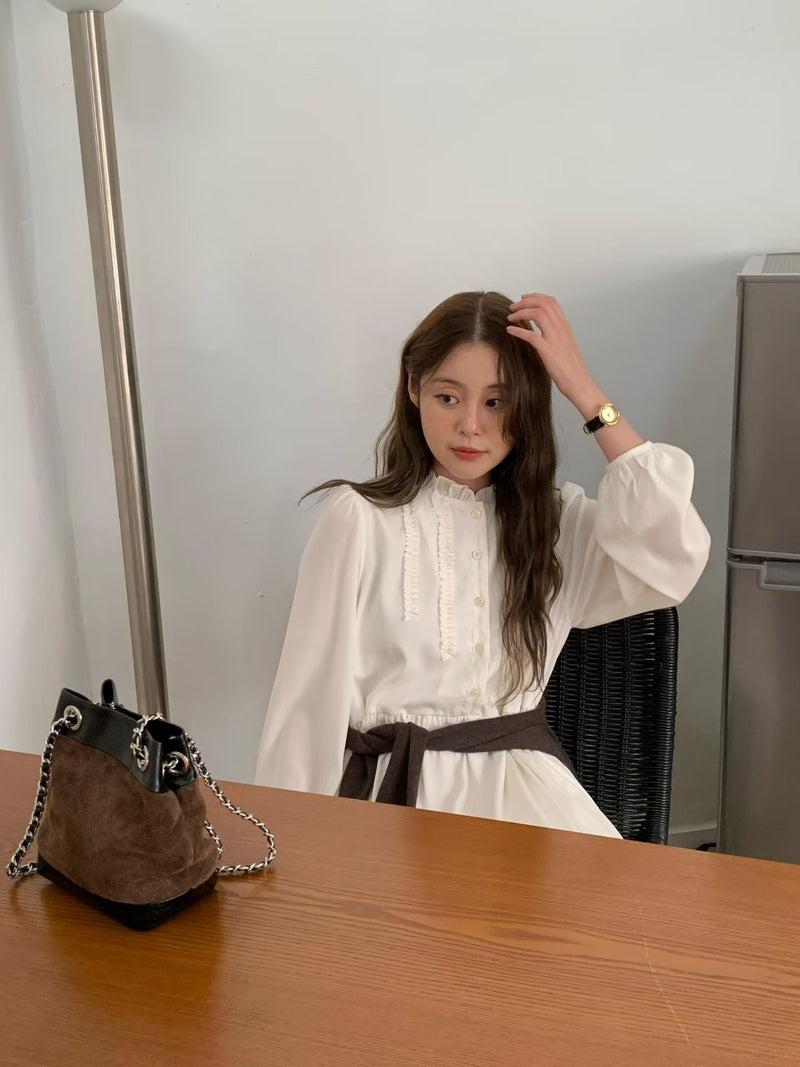 Contrasting Suede Leather Bucket Bag