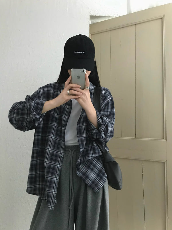 Navy Blue Checker Oversized Shirt