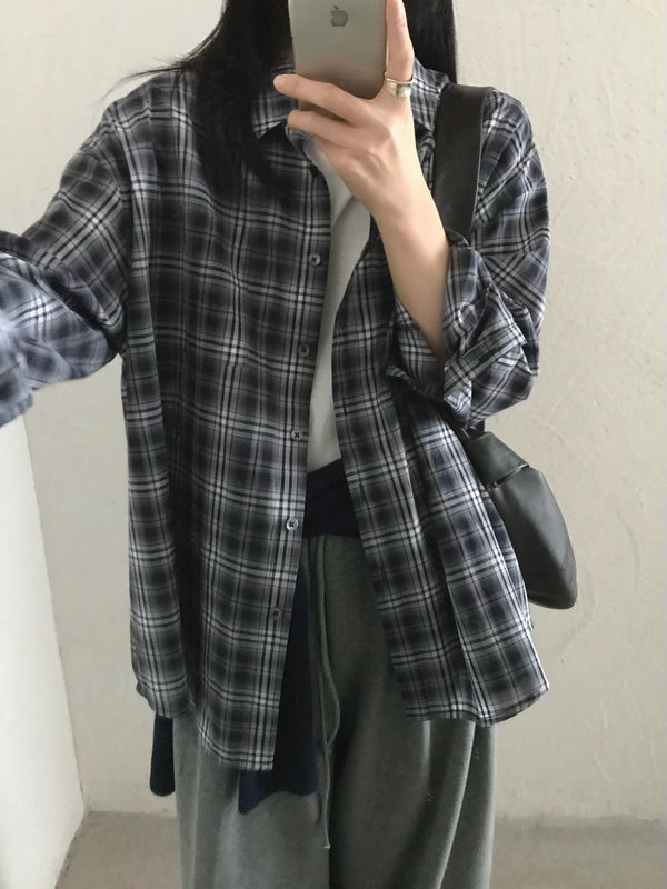 Navy Blue Checker Oversized Shirt