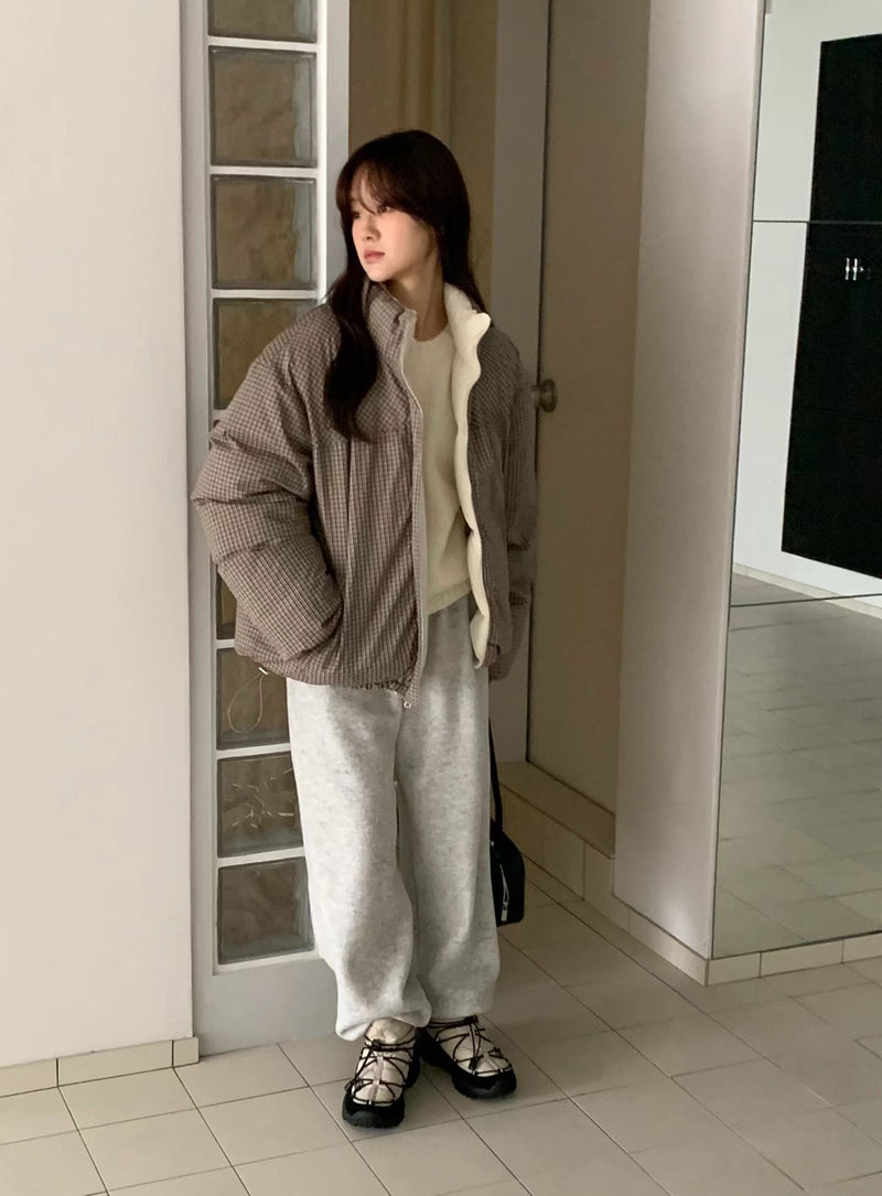 Reversible Checker Down Jacket with Drawstring