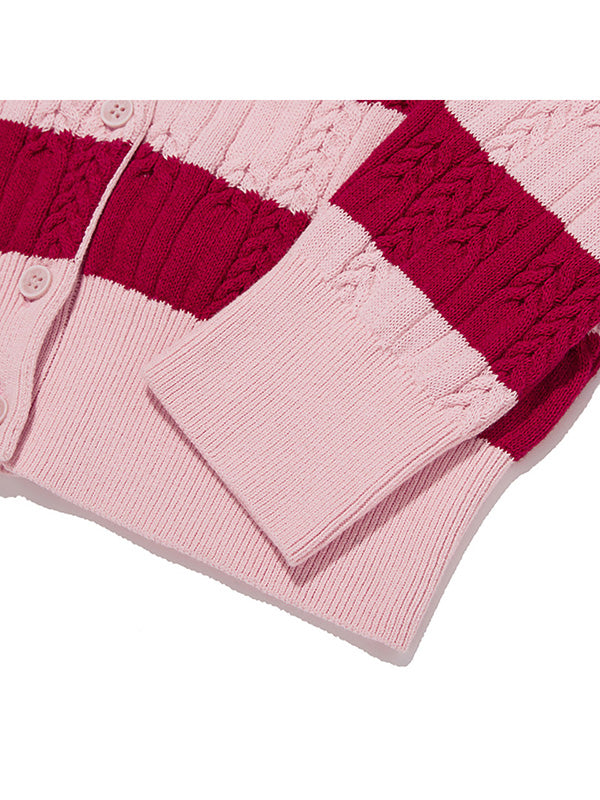 Small Cherry Cable Crop Knit Cardigan Stripe Pink