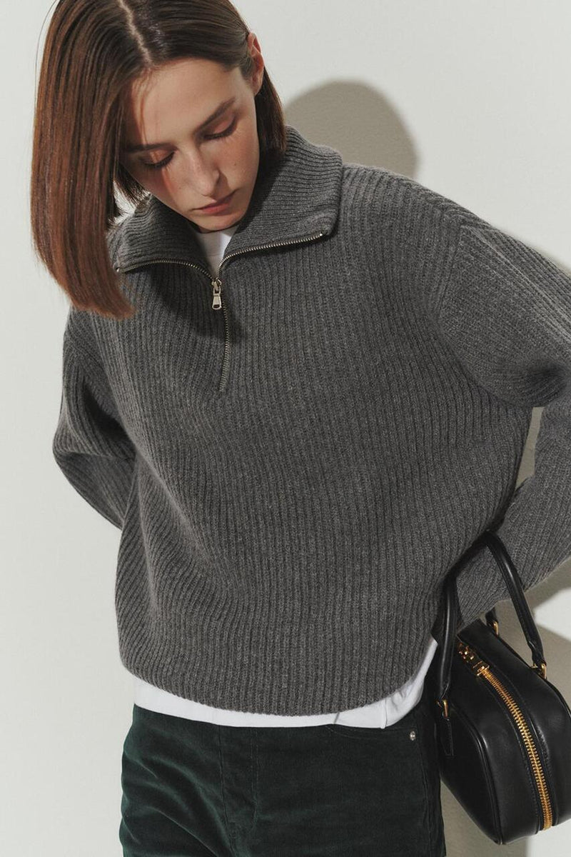 Unisex Half Zip-up Ribbed Wool Sweater