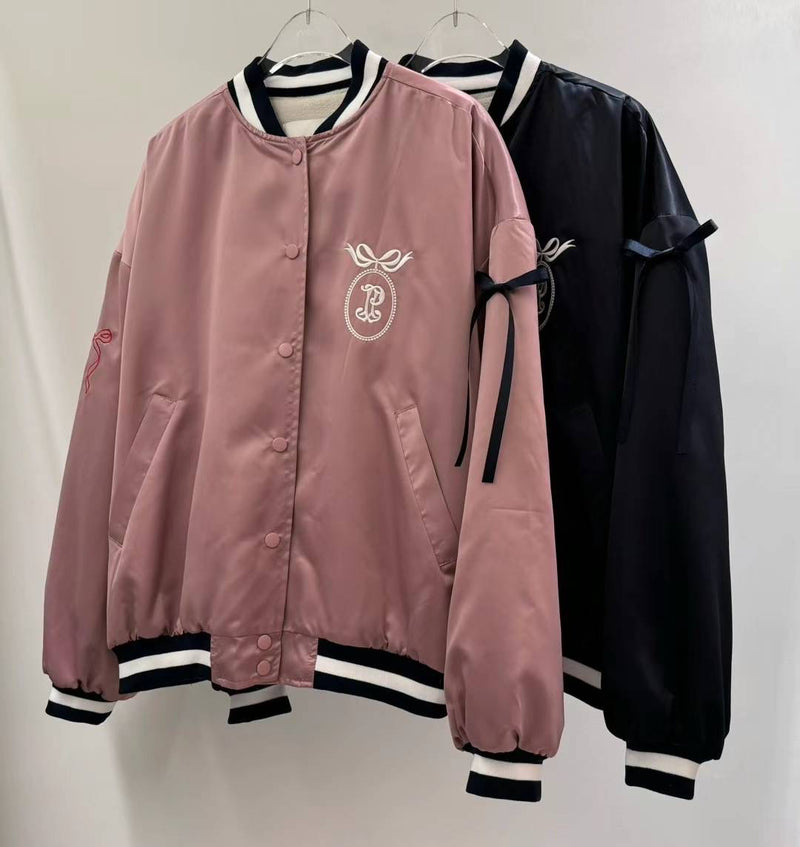 Side Ribbons Fleece Lining Satin Varsity Jacket