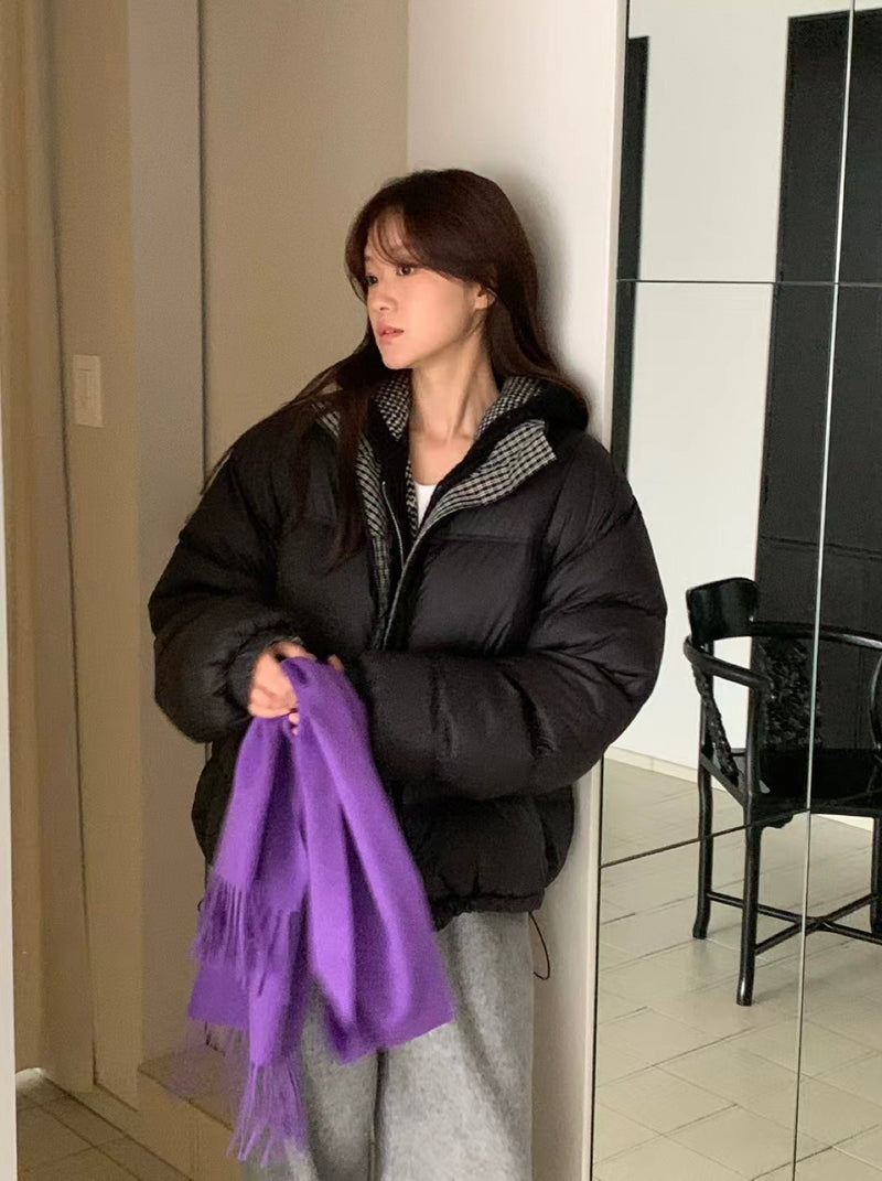 Reversible Checker Down Jacket with Drawstring