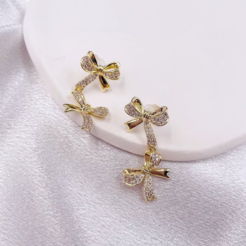 Double Rhinestone Bows Long Earrings