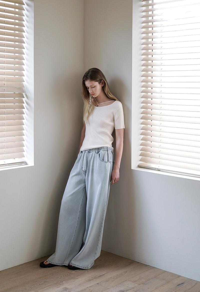 Banding String Ice Wide Denim Jeans